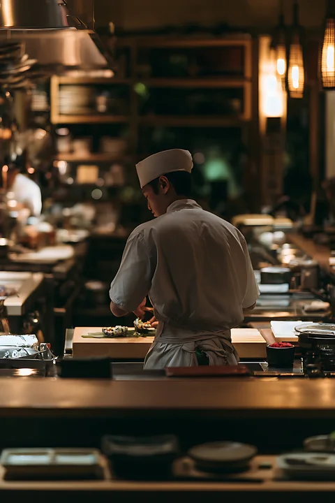 Sushi chef seen from behind prepares food at a warmly lit restaurant counter.