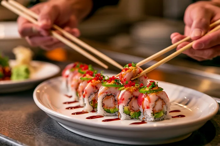 Sushi chef uses chopsticks to pick up a dragon roll close-up on a white plate.