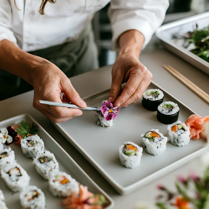 Sushi chef uses tweezers to place a purple edible flower on a plate of sushi rolls.