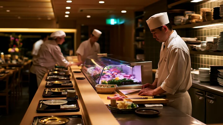 Sushi chef works at a preparation counter beside sliced fish and plates in a warmly lit restaurant.