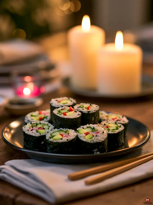 Sushi dinner under warm lighting highlights a plate of colorful sushi rolls.