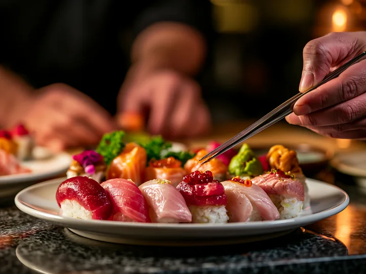 Sushi is arranged on a plate with various toppings as a person uses chopsticks to pick a piece.