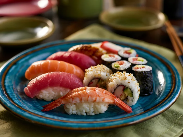 Sushi items arranged on a blue plate feature various types of fish and rolls, with a wooden table in the background.