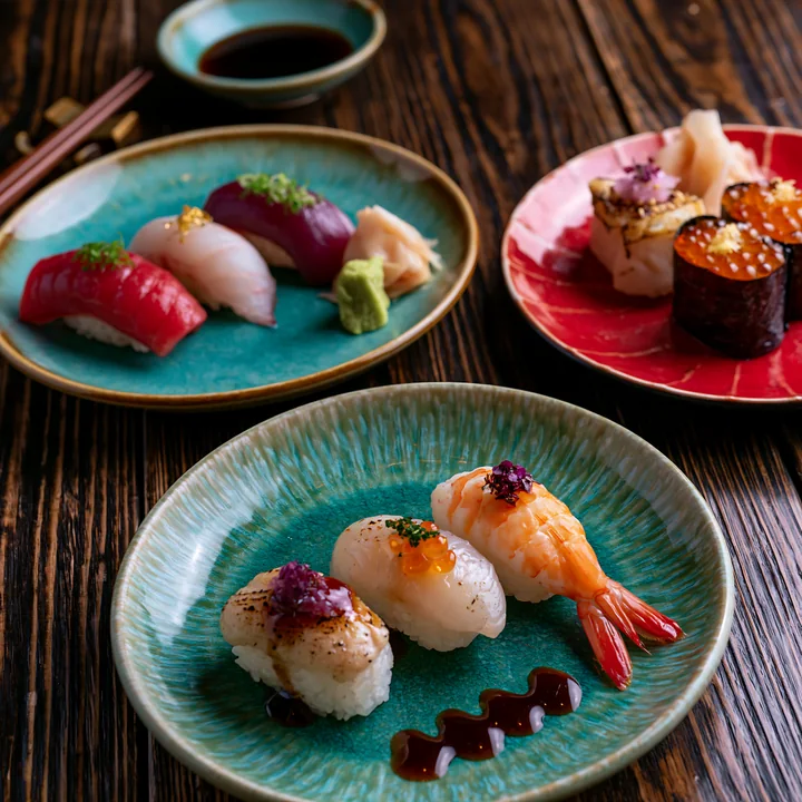 Sushi pieces are arranged on colorful plates with chopsticks nearby, showcasing a variety of textures and colors.