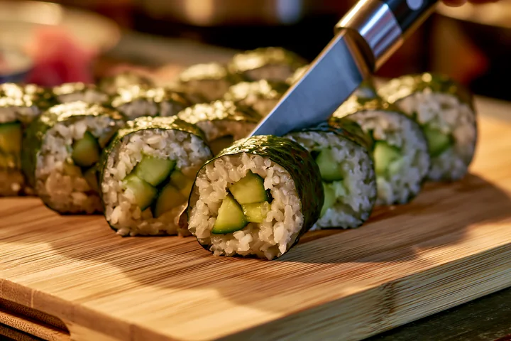 Sushi rolls being cut with knife on a wooden board in a kitchen setting.