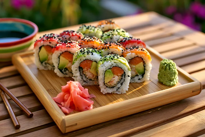 Sushi rolls served on bamboo tray are arranged neatly with wasabi and pickled ginger.