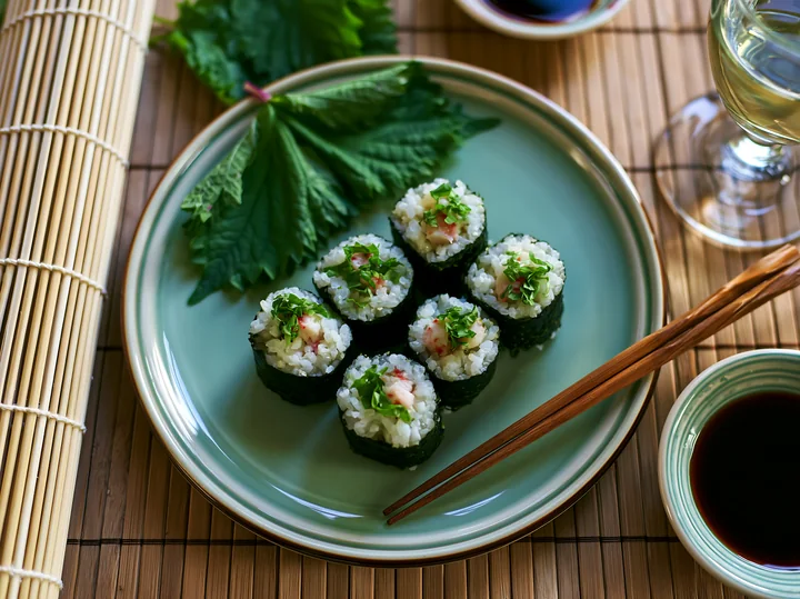 Sushi rolls with shiso leaves sit on a green plate beside soy sauce and a glass of sake.
