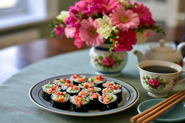 Sushi served with tea is placed on a plate on a table with a floral arrangement.