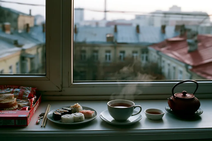 Sushi served with tea sits on a windowsill with a view of a cityscape.