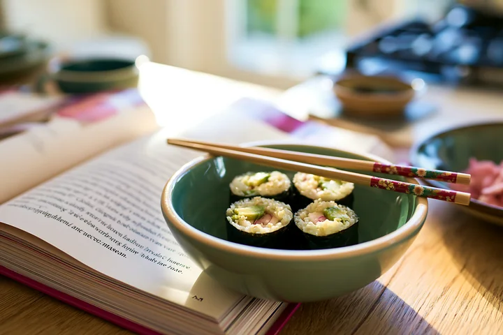 Sushi with chopsticks resting on bowl sits beside an open cookbook on a wooden table.