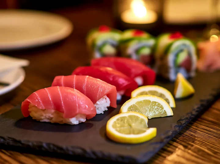 Sushi with lemon garnish close-up captures fresh sushi pieces arranged on a black platter.