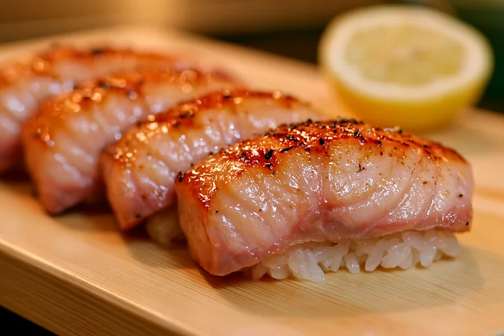 Sushi with lemon garnish close-up showcases beautifully grilled pieces of fish over sushi rice, served on a bamboo plate.