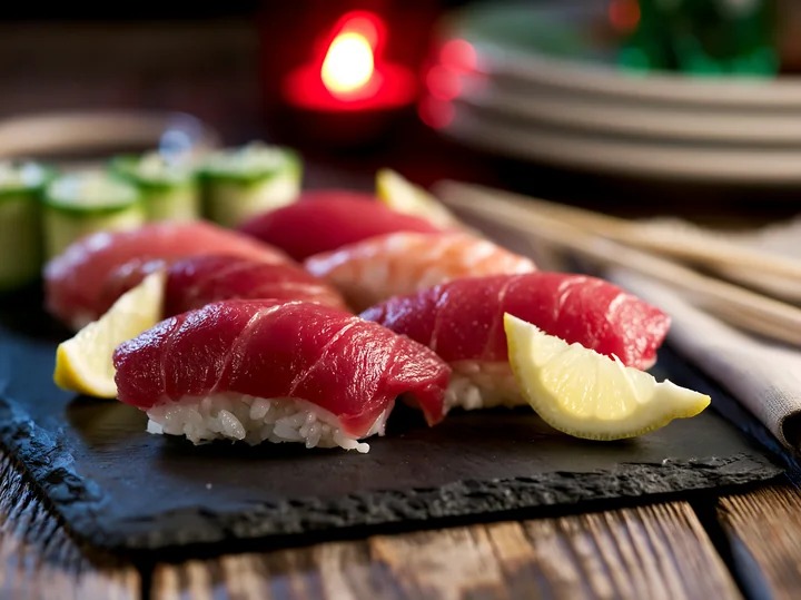 Sushi with lemon garnish close-up shows pieces of sushi arranged on a black slate plate.