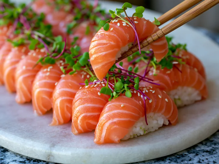 Sushi with microgreens close-up shows a hand using chopsticks to pick up sushi topped with salmon and garnished with microgreens and sesame seeds on a marble pl