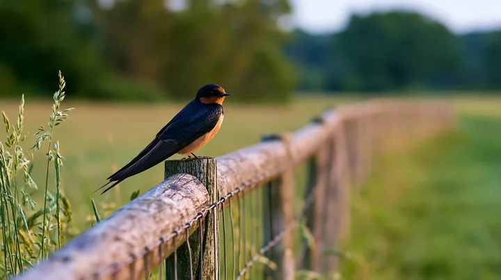 Swallow perched on a wooden fence beside a meadow with blurred fields and trees behind it.