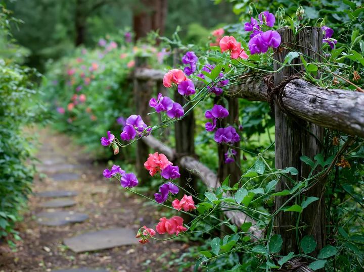 Sweet pea flowers climbing a wooden trellis adorn a garden pathway.