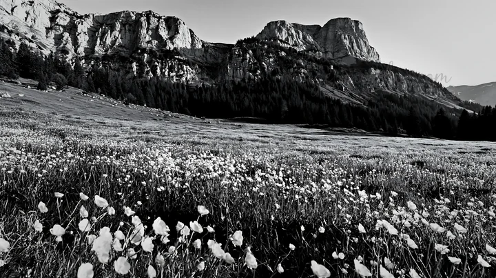 A black and white view of a Swiss alpine meadow filled with flowers. The mountains rise in the background, surrounded by trees and a clear sky. This scene captu