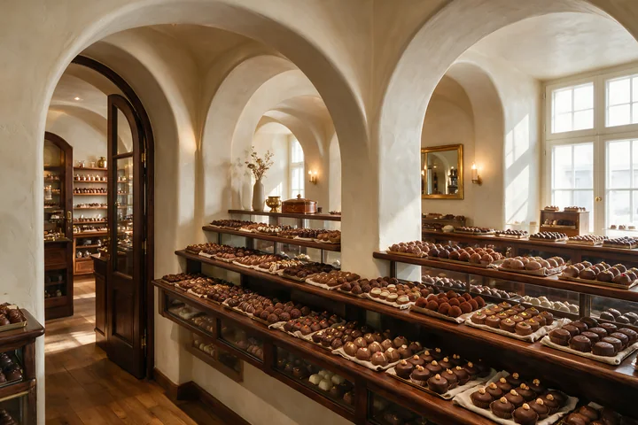 Swiss chocolate shop interior with rows of pralines and truffles in glass display cases beneath arched walls.