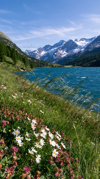 A meadow filled with colorful flowers sits beside an alpine lake under a blue sky. Snow-capped mountains rise in the background, creating a scenic view.