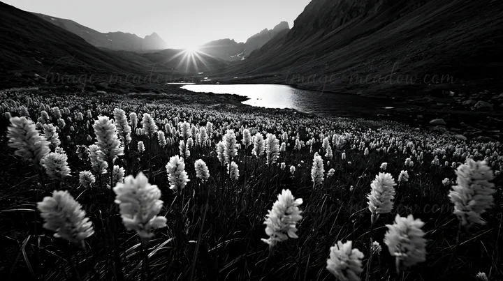 A meadow filled with flowers stands beside an alpine lake as the sun sets behind the mountains. The scene captures the beauty of nature and the contrasting land