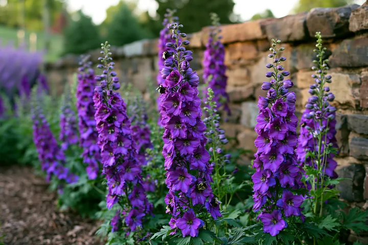Tall clusters of vibrant purple delphinium flowers stand in a flower border beside a rustic stone wall, creating a colorful display in a garden setting during d