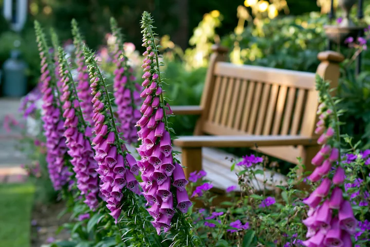 Tall foxglove flowers grow beside a wooden bench in a garden with various plants.