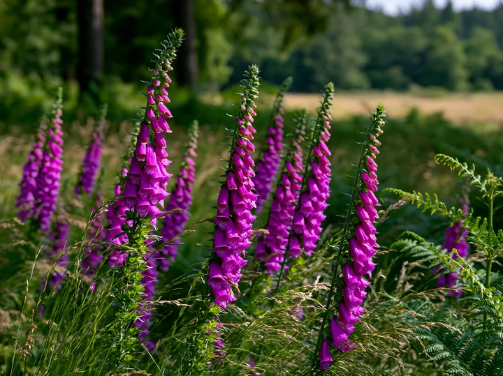 Tall foxglove flowers in a woodland clearing stand among green grass and ferns.