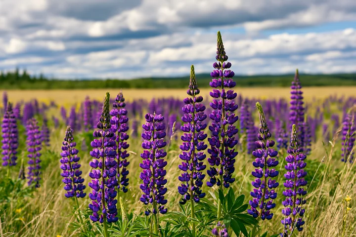 Tall purple lupines fill the foreground of a wide meadow under dramatic clouds.