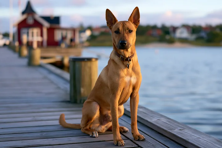 Tan dog sitting on a wooden seaside boardwalk beside calm water and blurred waterfront buildings.