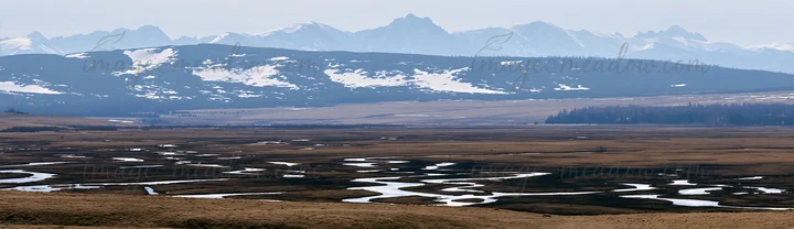 Winding streams flow through a meadow in the Tatra mountains during spring. Snow-melt creates puddles and gives life to the landscape. The mountains stand in th