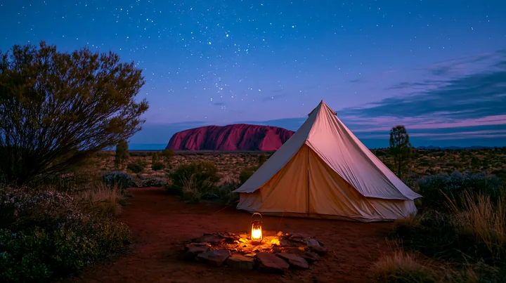 Tent and glowing lantern in an Australian desert camp with Uluru beneath a star-filled night sky.