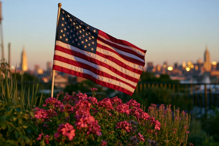 The American flag flying in strong wind stands out against a backdrop of city buildings with flowers in the foreground.