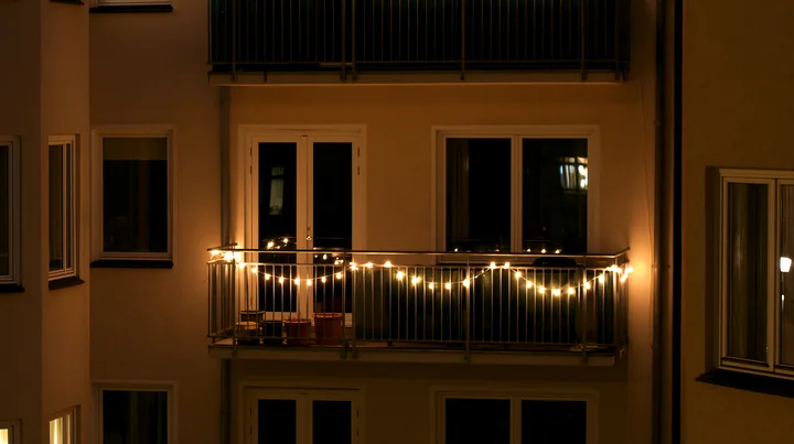 The balcony of a residential building features warm white Christmas lights glowing softly against the dark night sky.