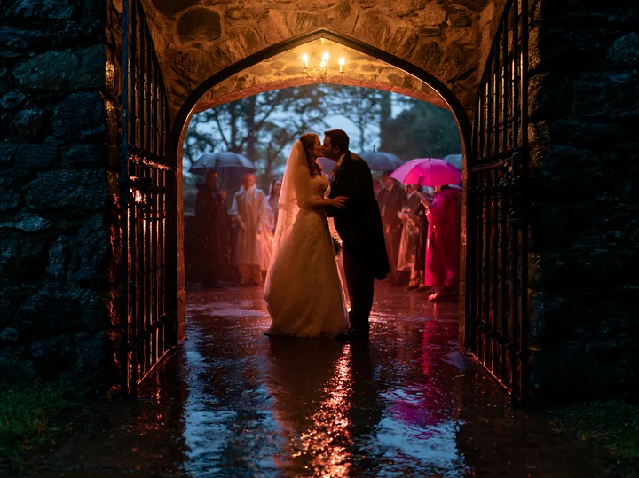 The bride and groom are kissing under an archway while guests hold umbrellas in the rain.