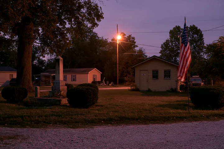 The cemetery monument and US flag appear in low light as evening falls, with a streetlight illuminating the area.