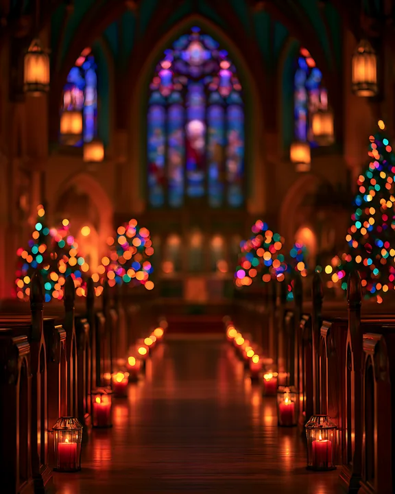 The church interior features a long aisle lined with candles and Christmas trees.