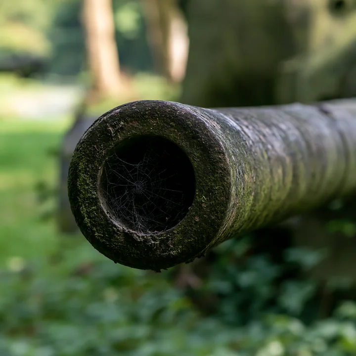 The close view shows the end of a panzer tank gun barrel resting in a green area.