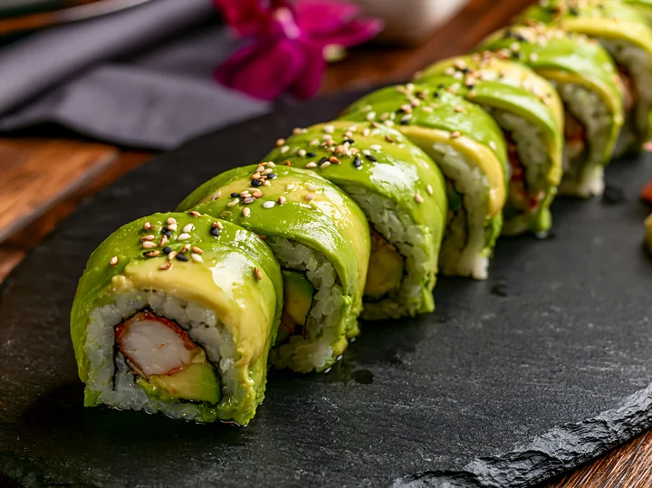 The dragon roll close-up shows a vibrant sushi dish with avocado, crab, and cucumber placed on a black slate plate.