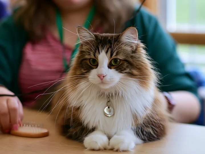 The Dwelf cat sits on a wooden table, showing curious eyes and a long fur coat.