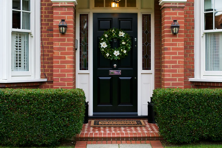 The front door with wreath and welcome doormat features a black door framed by brick walls and greenery.