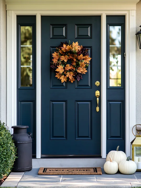 The front door with wreath and welcome mat with autumn pumpkins is set in a light-colored home.