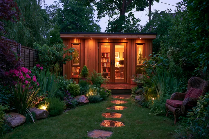 The garden studio features illuminated windows and a welcoming path surrounded by lush greenery and flowers.
