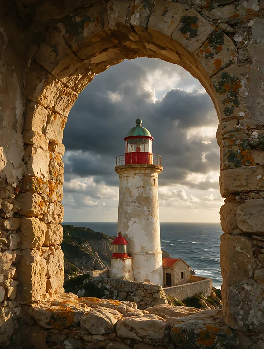 The lighthouse beneath dramatic clouds stands tall against the sea.