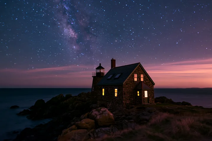 The lighthouse house stands on rocky shores with the Milky Way shining brightly above.