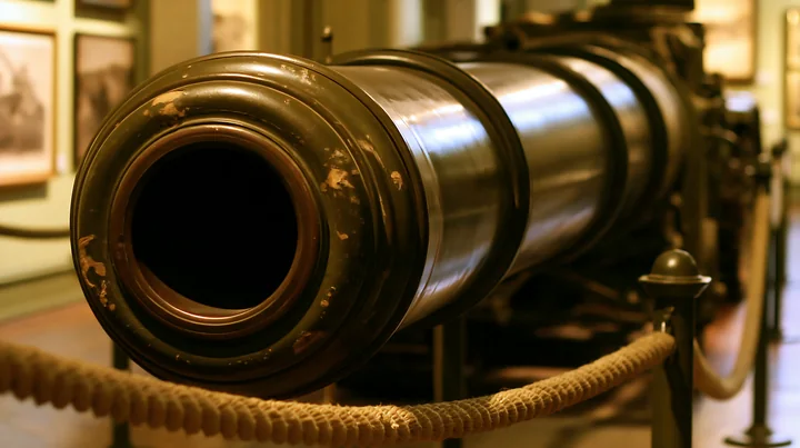 The panzer tank gun barrel detail shows the smooth surface and metallic finish in a museum setting.