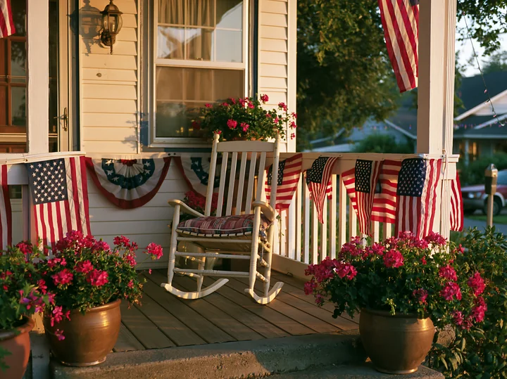 The porch features American flag decorations, planters with flowers, and a rocking chair.