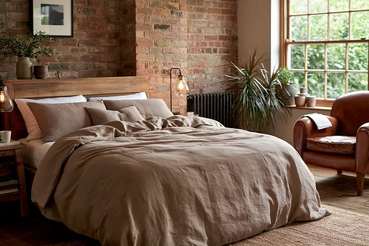 The room features a rustic design with a bed dressed in linen bedding and a cozy chair nearby.