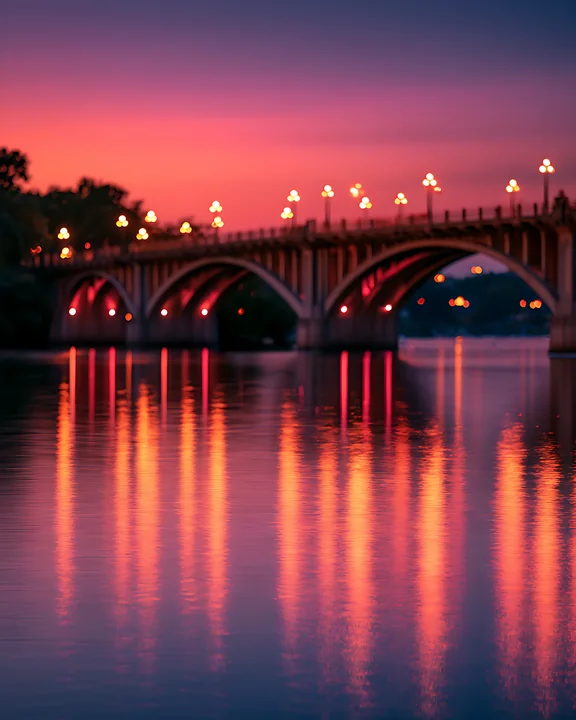 The scene shows a bridge with lights reflecting on calm water at sunset.