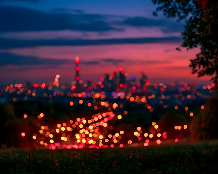 The scene shows a city skyline illuminated with lights at dusk, offering a view from a hillside.