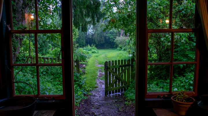 The scene shows a rainy day view from a timber cottage, with a path leading to a gate surrounded by lush greenery.